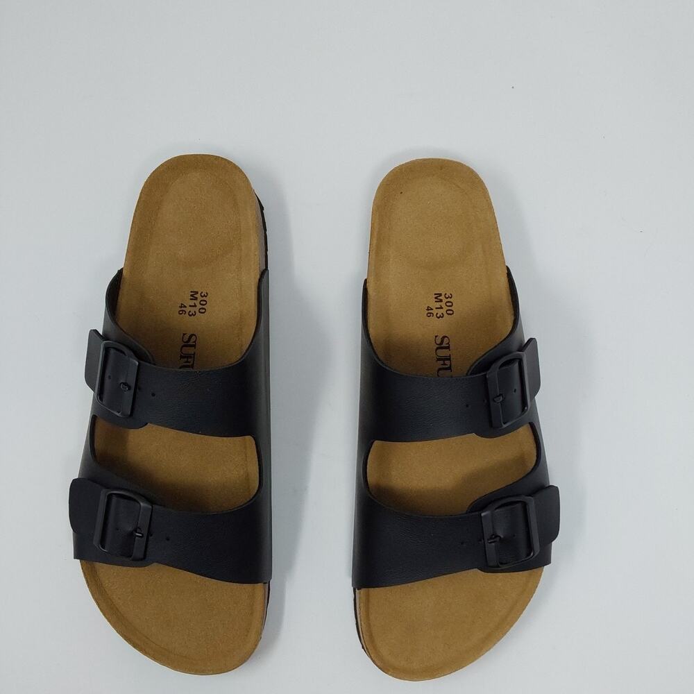 SUFU Black Nappa Leather Double Strap Sandals Men's Size 13 Cork Footbed NIB - Picture 3 of 16